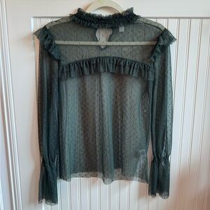 Anthropologie Women’s High Neck Ruffled Blouse Green Sheer Size XS by Hinge
